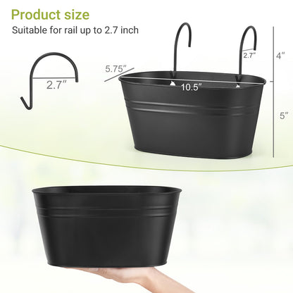 Dahey 3 Pcs 10.5 Inch Hanging Flower Pots for Railing Fence Metal Wall Planters for Indoor Plants Outdoor Countryside Window Flower Holder with Hooks Drainage Holes for Garden Yard Home Decor, Black