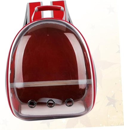 Portable Pet Backpack for Birds Breathable Capsule Carrier Ventilation and Inner Wooden Bar for Outdoor Travel Red Transparent Parrot Bag