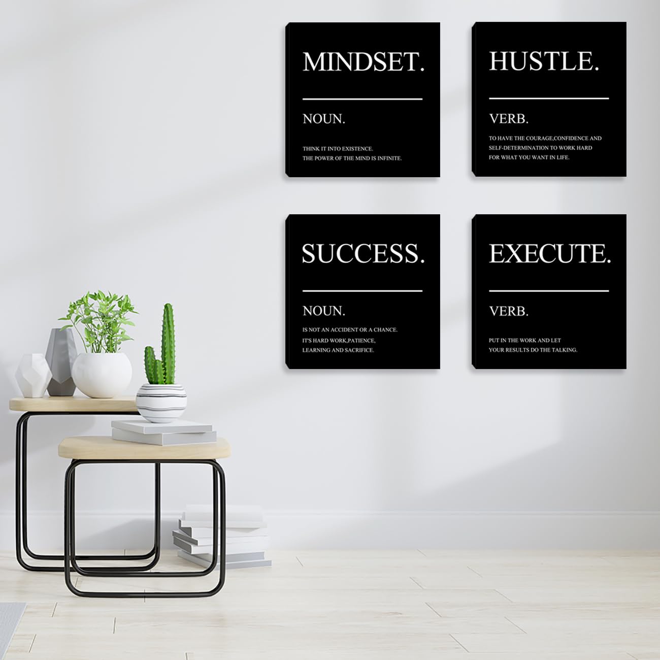 Framed Motivational Wall Art for Home Office - Inspirational Hustle Canvas - Mindset Decor for Living Room, Bedroom, Men's Office - 12"x12"x4PCS