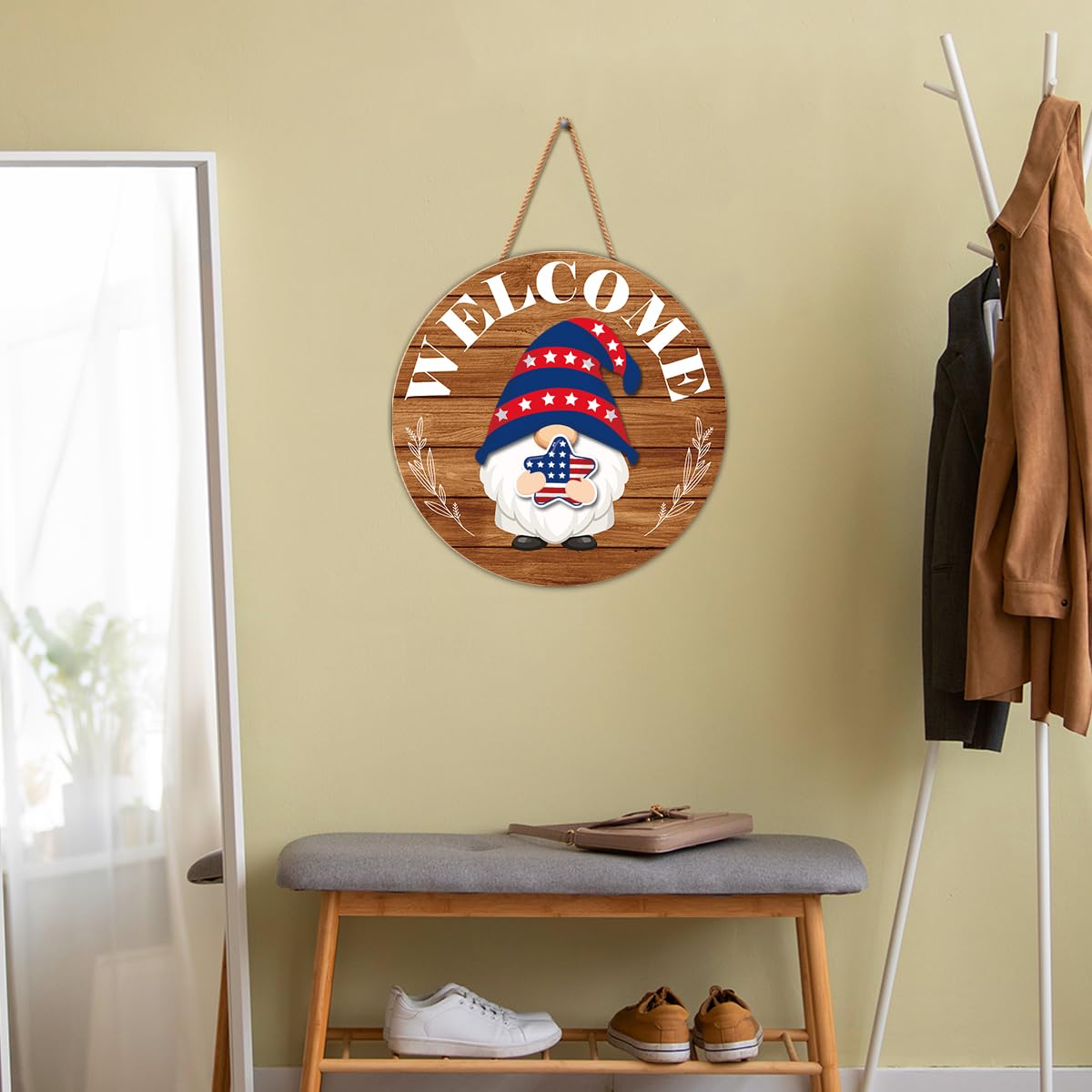 Interchangeable Gnome Welcome Sign Summer Patriotic 4th of July Porch Decor, Changeable Wooden Gnomes Front Door Decoration Wreath Hanger for Spring Fall Winter All Seasons Holiday, Russety