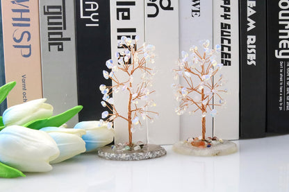QINJIEJIE Opal Healing Crystals Natural Stone Decor Reiki Gemstone Tree Agate Slice Base Copper Wire Money Tree of Life White Opalite Home Office Decoration Spiritual Luck Gift for Women