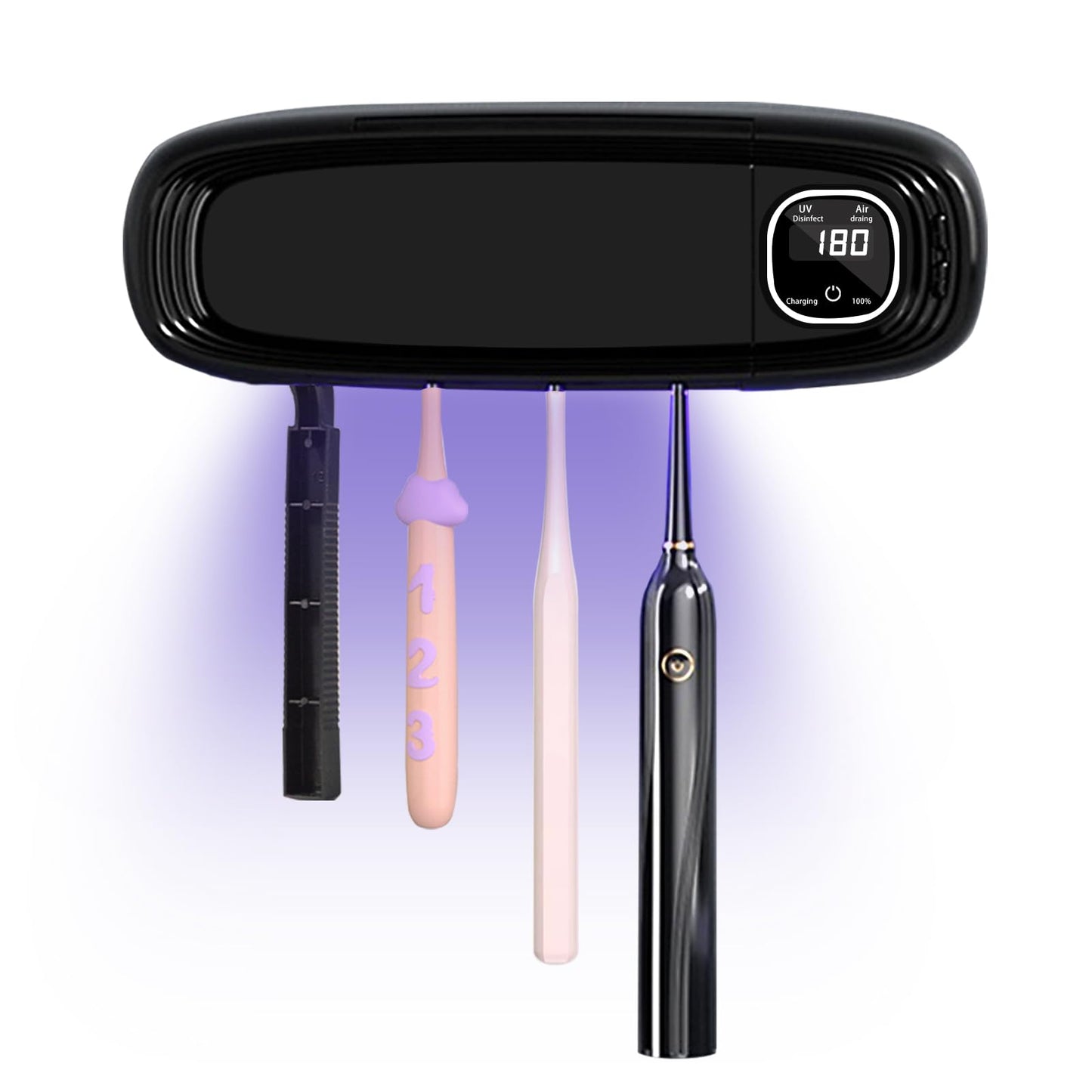 Wall Mounted Toothbrush Holders for Bathrooms, 4 Slots UV Toothbrush Sanitizer and Holder with Air Drying 3000mAh Rechargeable Cordless UV Toothbrush Cleaner with Timer Function & No Drilling (Black)