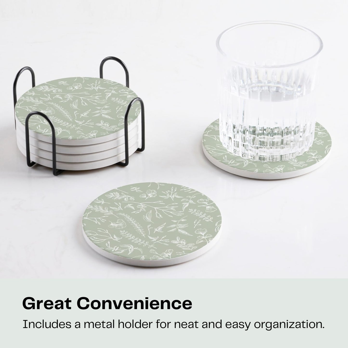 Hoomey Set of 6 Floral Sage Green Coasters with Holder, Absorbent Ceramic Drink Coasters with Cork Backing for Table Protection, Coffee Table Décor
