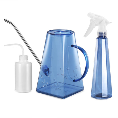 Goowin Watering Can Indoor Plants, 47 oz Long Spout House Plant Flower Watering Can, Creative Wide Opening Plastic Watering Can with 16 oz Spray Bottle & 8.5 oz Squeeze Bottle, Blue