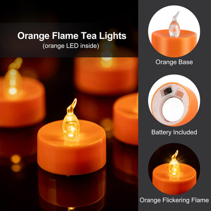Windshell 24 Pack Orange Flickering Flame LED Tea Lights (No Remote and Timer), Battery Operated Flameless Tealight Candles for Halloween Thanksgiving Party