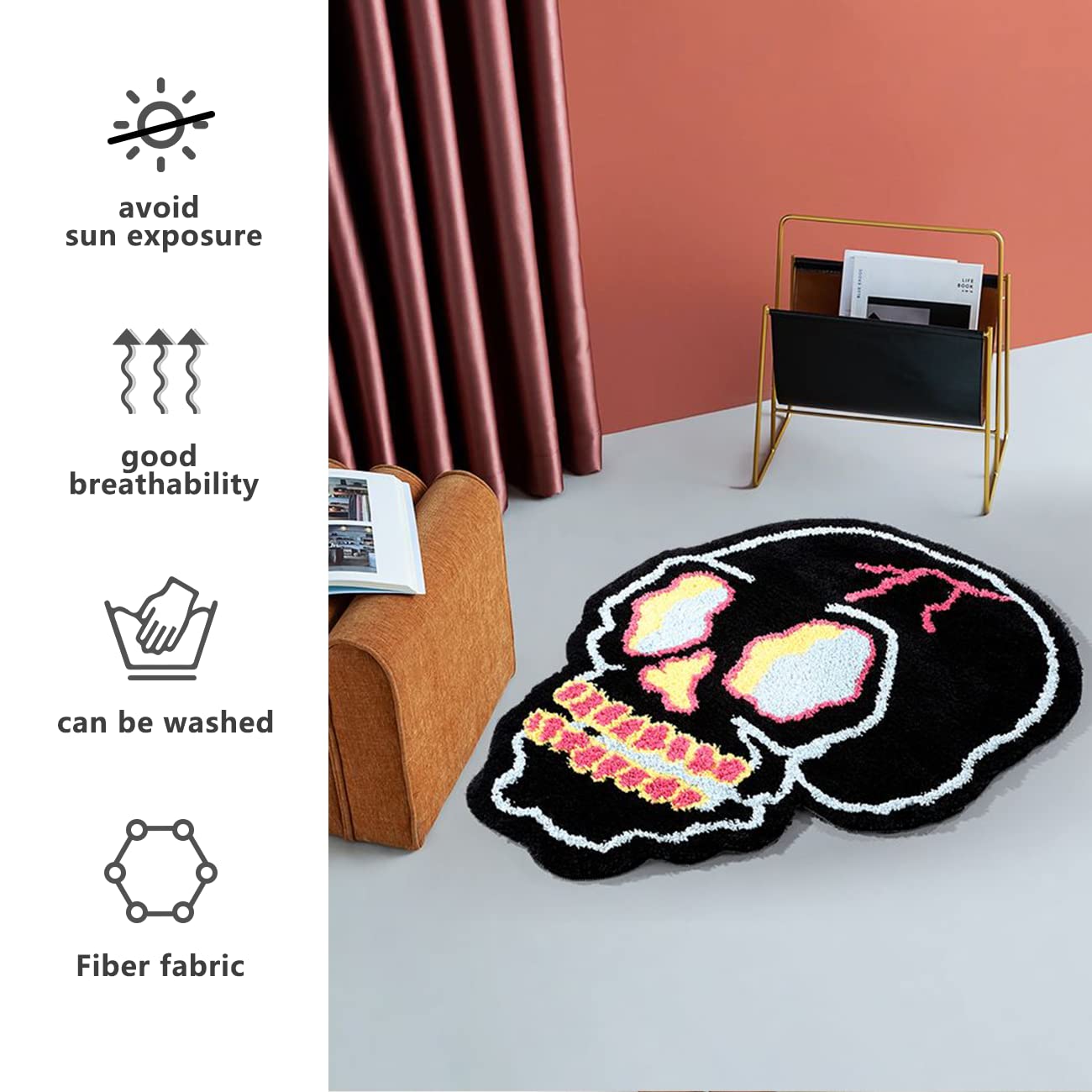 Black Bath Rugs Cartoon Fun Skull Head Area Rug Microfiber Bathroom Mat Soft Large Welcome Doormat Indoor Carpet Kitchen Living Room Non-Slip Mats Halloween Decorative Mats, 26" x 34"