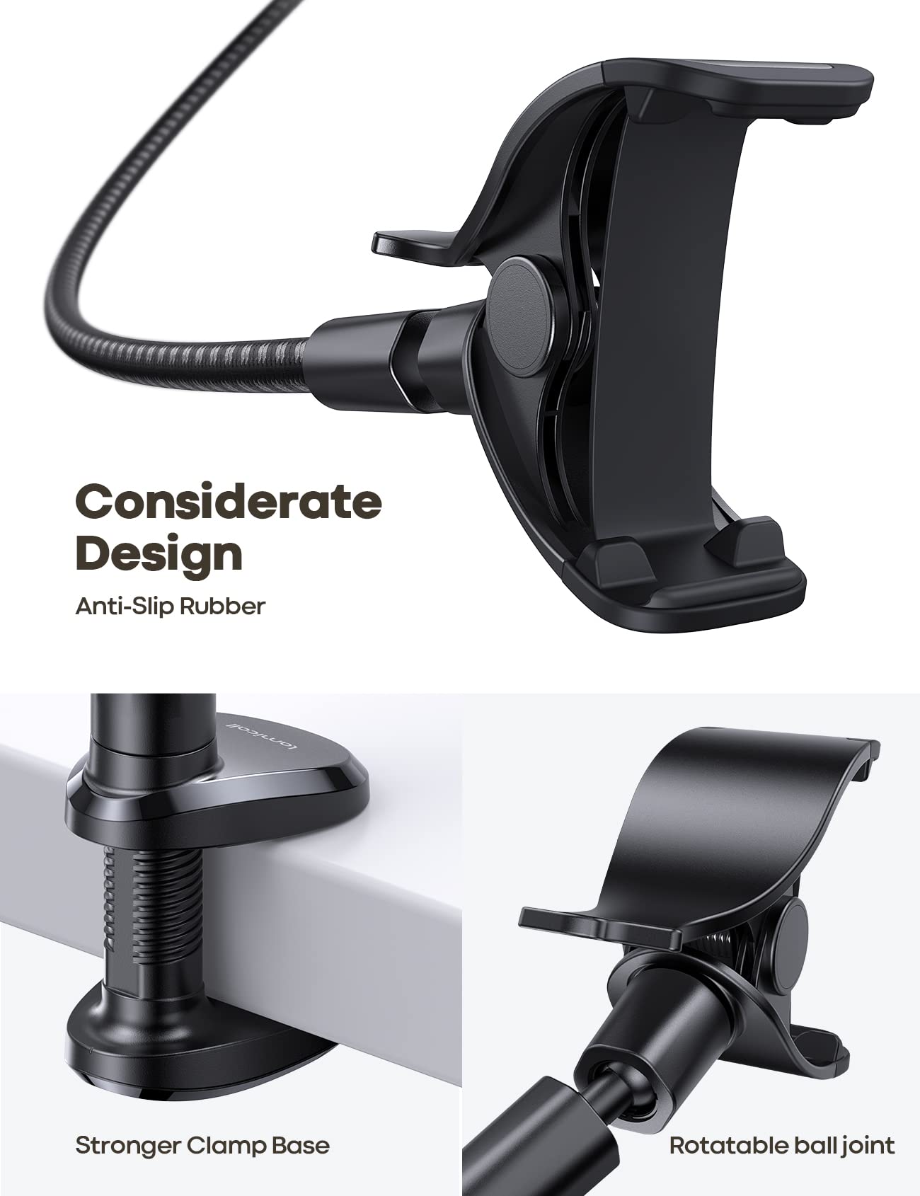 Lamicall Gooseneck Phone Holder Bed - [Nylon Braided] Flexible Arm, 38inch Overall Length, 360 Adjustable Clamp Clip, Overhead Cell Phone Mount Stand for Bed, Desk, 4-7” Cellphone, Gifts