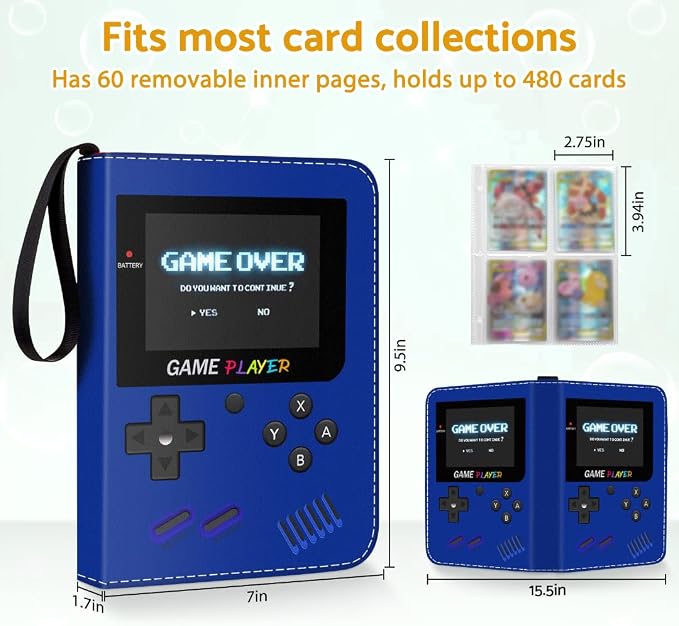 Card Binder Holder 480 Pockets with 60 Removable Sleeves, Portable Game/Sports Trading Cards Binder Album Collector Organizer Protectors with Zipper,Waterproof