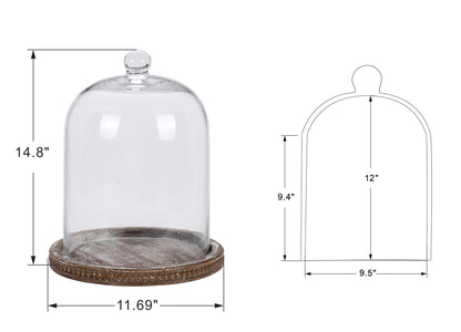 14" Large Handmade Sturdy Glass Cloche With Brown Beaded Wooden Base In Farmhouse & Cottage Style, For Terrarium, Trinkets, Cakes, Figurines (Brown, 10"x14")