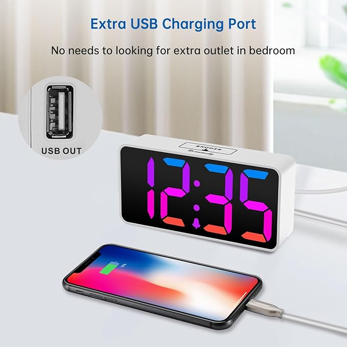 DreamSky Small Digital Alarm Clock for Bedroom, RGB Desk Clock for Kid Girl | Electric Clock with Large Numbers for Bedside Nightstand, Dimmer, Adjustable Alarm Volume, USB Port, USB-C Adapter Powered