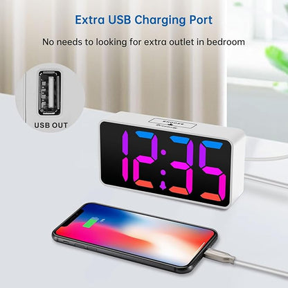 DreamSky Small Digital Alarm Clock for Bedroom, RGB Desk Clock for Kid Girl | Electric Clock with Large Numbers for Bedside Nightstand, Dimmer, Adjustable Alarm Volume, USB Port, USB-C Adapter Powered