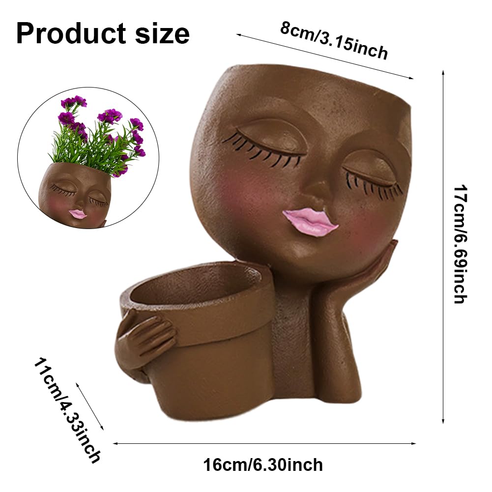 Rivonthex Face Planter Pot with Dual Compartments, Resin Lady Head Planter with Drainage Holes, 6.3 x 4.3 x 6.7 in, Two Openings 3.2 in and 2.4 in, for Succulents Indoor Outdoor, Brown