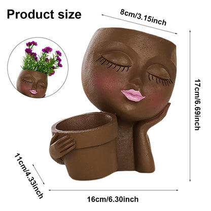 Rivonthex Face Planter Pot with Dual Compartments, Resin Lady Head Planter with Drainage Holes, 6.3 x 4.3 x 6.7 in, Two Openings 3.2 in and 2.4 in, for Succulents Indoor Outdoor, Brown