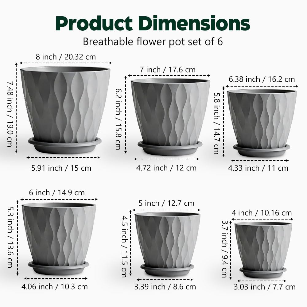 KEETUMOOD Plant Pots, Self Watering Planters with Drainage Holes and Trays, Flower Pots for Indoor Outdoor - 6 Pack(4/5/6/6.5/7/8 Inch) (Gray)