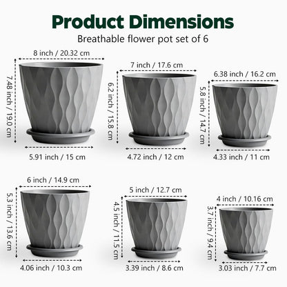 KEETUMOOD Plant Pots, Self Watering Planters with Drainage Holes and Trays, Flower Pots for Indoor Outdoor - 6 Pack(4/5/6/6.5/7/8 Inch) (Gray)