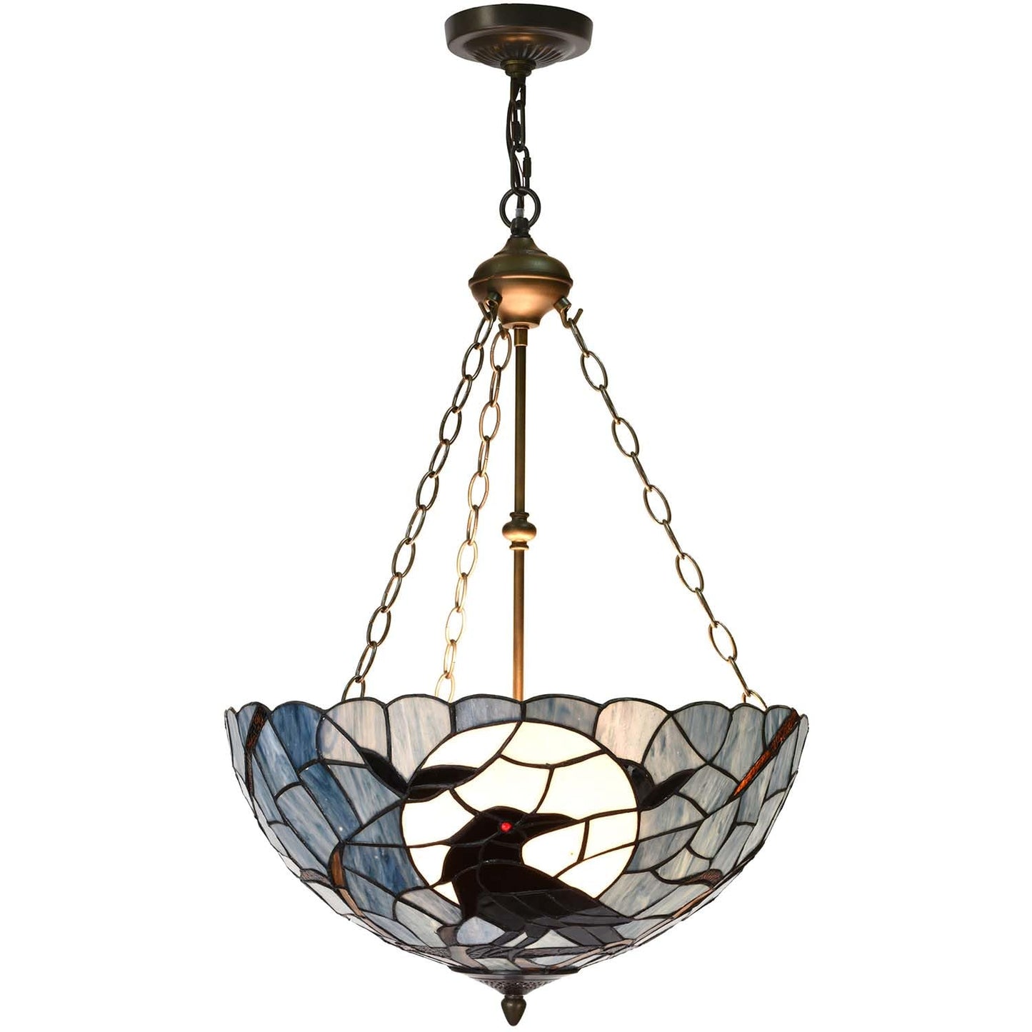 Bieye L12006 Tiffany-Style Stained Glass Raven Ceiling Pendant Light, 3-Light Hanging Ceiling Fixture with Adjustable Chains (Dark Blue, 20 inches Wide)