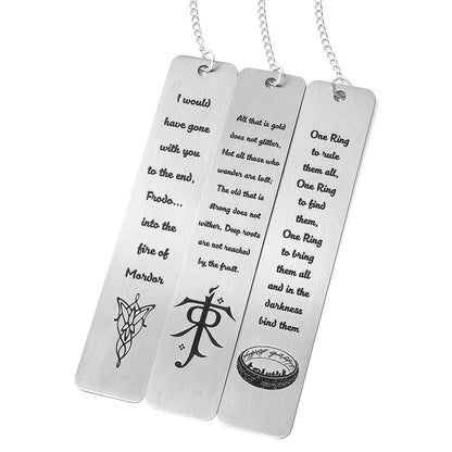 3Pcs Fantasy Bookmark Set - Metal Bookmarks with Elvish Leaf Pendant, Sword Charm & Evenstar Engraving, Epic Quotes Carved Jewelry for Book Lovers, Dark Academia Gifts for Readers (3Pcs-Silver)