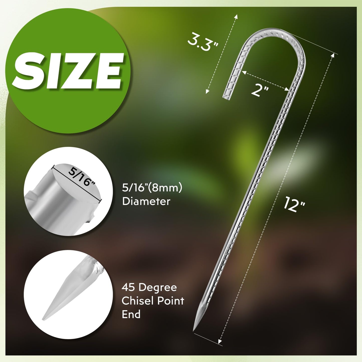 Homwin 12 inches Tent Stakes Heavy Duty 12-Pack, 5/16" Diameter J Hook Fence Stakes Rebar Ground Stake for Inflatables, Tarp, Yard Lawn Outdoor Decoration