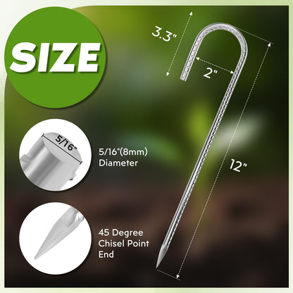 Homwin 12 inches Tent Stakes Heavy Duty 12-Pack, 5/16" Diameter J Hook Fence Stakes Rebar Ground Stake for Inflatables, Tarp, Yard Lawn Outdoor Decoration