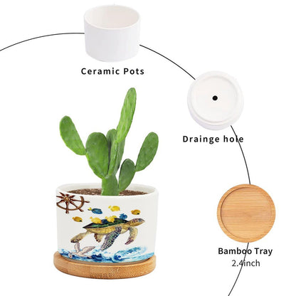 DreamAutumn Ocean Theme Sea Turtle Ceramic Pots for Plants with Drainage Holes Round Flower Pot Bamboo Tray Orchid Pot Succulents Pots for Outdoor Indoor Plants,Housewarming Gifts