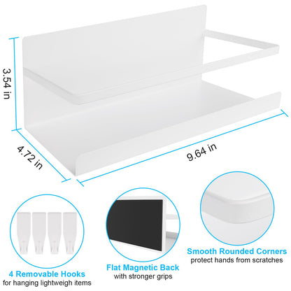 Magnetic Spice Rack for Refrigerator, 2 Pack Magnetic Shelf Fridge Organizer for Spice Jars, Magnet Shelves Seasoning Spice Holder with 4 Hooks for Kitchen White Board Pantry Organizers and Storage