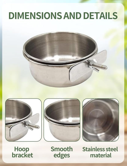 2Pack Stainless Steel Bird Feeding Bowls,Small Bird Feeding Cup Stainless Steel Parrot Food Bowl,Cage with Holder Parrot Cage Water Feeder for Pet Cage Cup Holder/Bird Owners