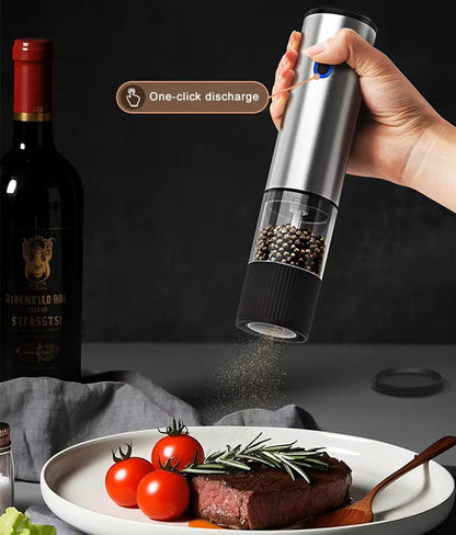Electric Salt and Pepper Grinder, USB Rechargeable with Ceramic Grinding Mechanism, Adjustable Coarseness, One-Touch Operation, Stainless Steel and Black