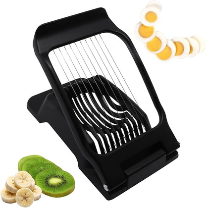 Egg Slicer for Hard Boiled Eggs, Food Slicer with 10 Stainless Steel Wires, Aluminum Alloy Heavy Duty Hard Boiled Egg Cutter for Soft Fruit Strawberry Butter Kiwi Home Use (1Pcs, Black)
