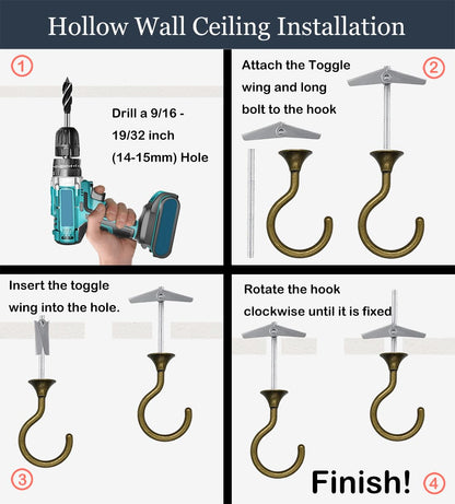 Evsteluo 4 Sets Heavy Duty Swag Ceiling Hooks with Hardware for Hanging Plants, Cavity Wall Fixing, Easy Installation, Holds Up to 30lbs, Ideal for Home & Garden (4 Sets, Antique Brass)