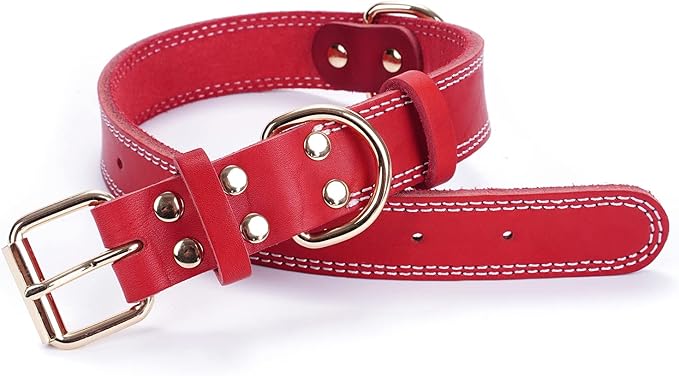 Dog Collar,Genuine Leather Dog Collar,Heavy Duty Dog Collar for Small,Medium,Large and Extra Large Dog (M: 1" Wide for 15.2"-19.2" Neck,Dual Stitch - Red)