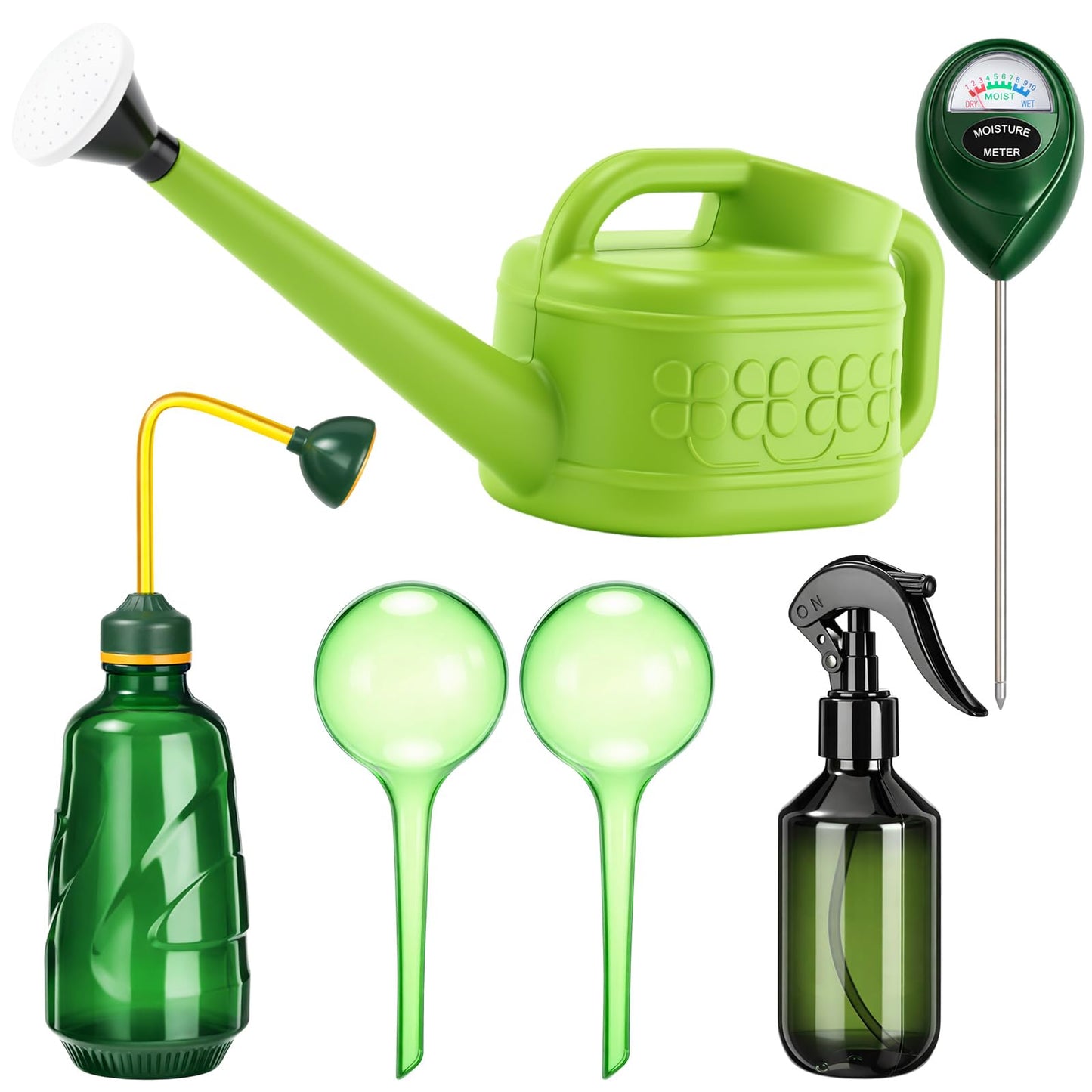 Reallnaive 6-piece Indoor Watering Can Set – 1 Gal Can, 6.8 oz Spray, 15 oz Squeeze, Plant Watering Globes & Soil Moisture Meter, Indoor & Outdoor Plant Care(Grass Green)