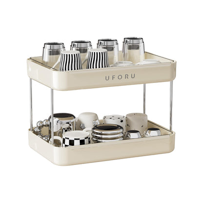 UFORU Countertop Coffee Station Organizer, 2 Tier Wine Glass Holder, Mug Shelf with Removable Drain Tray, Spice Rack for Kitchen, Bathroom Countertop Organizer, Cream White