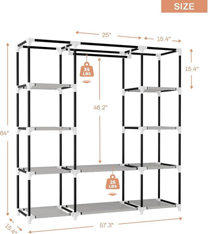 VTRIN Portable Closet Wardrobe for Hanging Clothes 57.3 Inch Large Capacity Clothes Rack with Cover, 10 Storage Organizer Shelves, 1 Hanging Rods and 6 Pockets, Free Standing Closet for Bedroom, Black