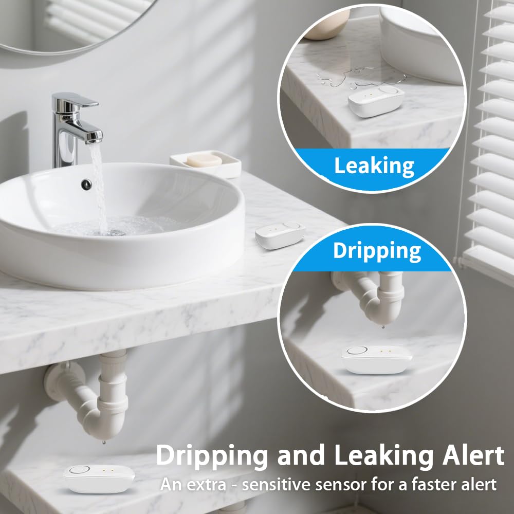 Easebloom Ultra-Long Range Water Leak Detectors (3-Pack), 2000ft/600m Ultra-Long Range Water Alarm & Leak Detector, 110dB Siren & Instant App Alerts, Suitable for Home, Basement, Kitchen