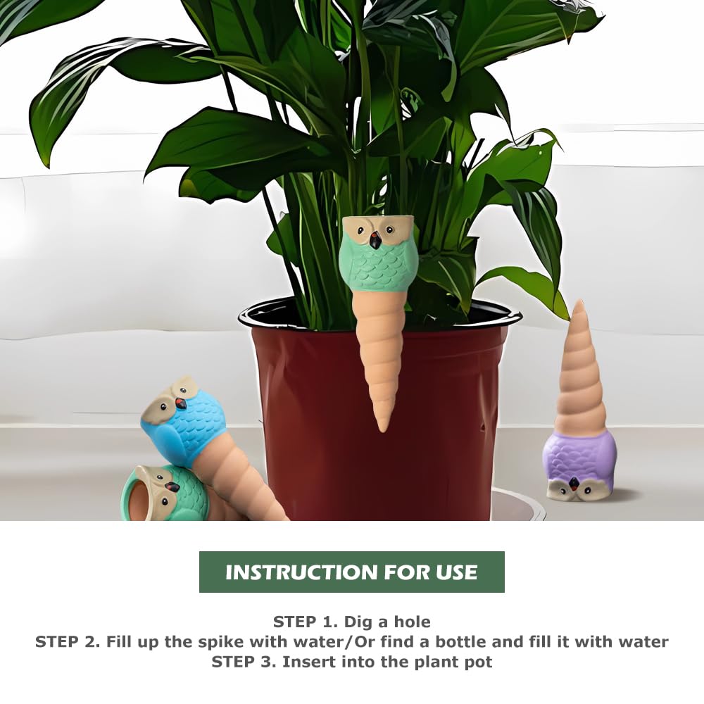 4 Pack Terracotta Watering Spikes, Vacation Self-Watering Planters Devices - Continuous Moisture with Slow Release Watering System - Perfect for Indoor Outdoor Plants (Owl Shape)