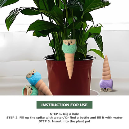 4 Pack Terracotta Watering Spikes, Vacation Self-Watering Planters Devices - Continuous Moisture with Slow Release Watering System - Perfect for Indoor Outdoor Plants (Owl Shape)