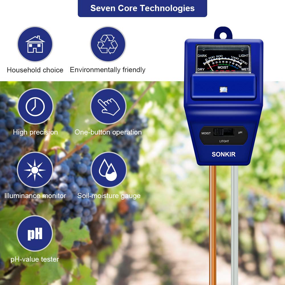 Sonkir Soil pH Meter, MS06 3-in-1 Soil Moisture/Light/pH Tester Gardening Tool Kits for Plant Care, Great for Garden, Lawn, Farm, Indoor & Outdoor Use (Blue)