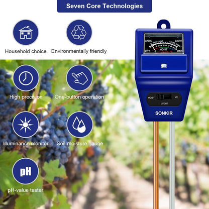Sonkir Soil pH Meter, MS06 3-in-1 Soil Moisture/Light/pH Tester Gardening Tool Kits for Plant Care, Great for Garden, Lawn, Farm, Indoor & Outdoor Use (Blue)