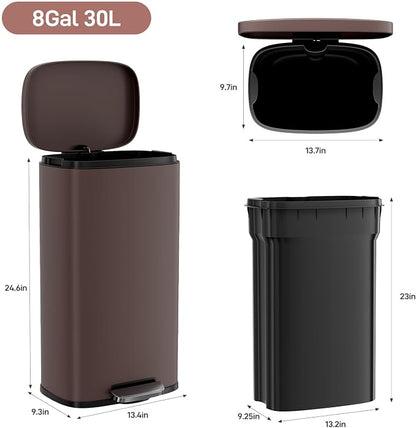 Arlopu 8 Gallon Step Trash Can, Stainless Steel Garbage Bin, Soft-Close Rubbish Bin with Removable Plastic Inner Bucket, Fingerprint-Proof, Lid Dustbin, Suit for Kitchen Home (Brown, 30L)