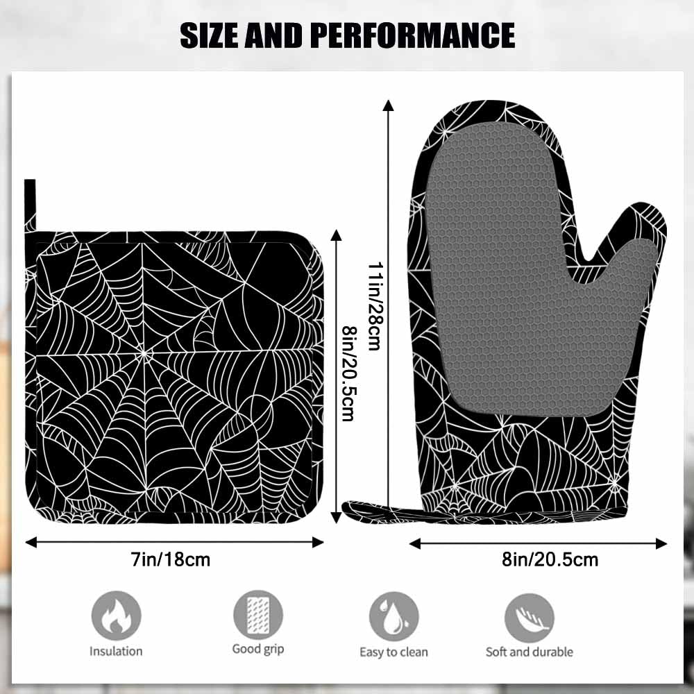 Mxocom Black and White Halloween Spider Web Oven Mitts and Pot Holders Sets Silicone Heat Resistant Kitchen Oven Gloves Pot Holder for Cooking