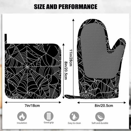 Mxocom Black and White Halloween Spider Web Oven Mitts and Pot Holders Sets Silicone Heat Resistant Kitchen Oven Gloves Pot Holder for Cooking