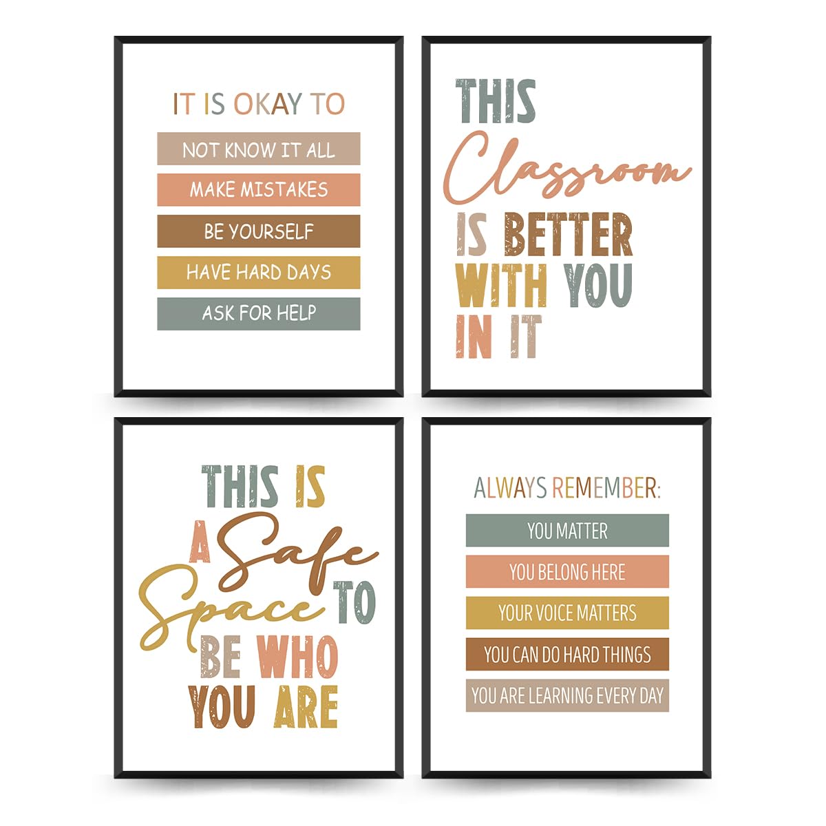PLKMN Boho Classroom Wall Art Set of 4, Positive Motivational Posters, Rainbow Decor for Nursery, Kids Room, Play Area, 8x10 Inch, Unframed