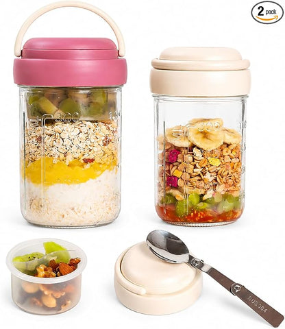 Overnight Oats Containers with Handles & Lids – 16oz Glass Mason Jars with Spoons & Fruit Compartments, Meal Prep Breakfast Jars, 2 Sets (Cream, Purple)