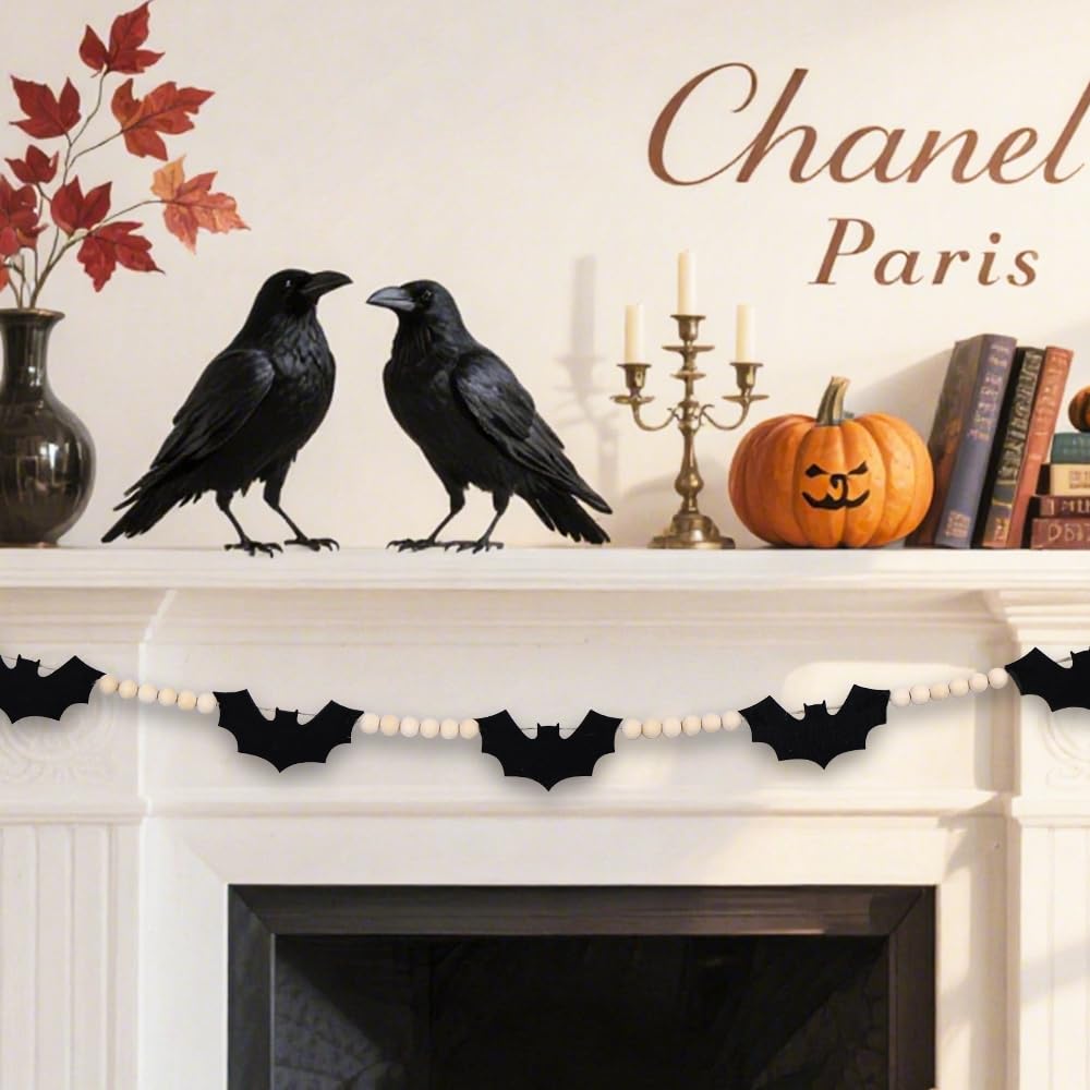 Vellibring 6.56Ft Halloween Garlands Decorations,Spooky Black Felt Bats Garland with Wooden Beads Halloween Adjustable Farmhouse Banner for Room Indoor Party Wall Fireplace Doorway Decor