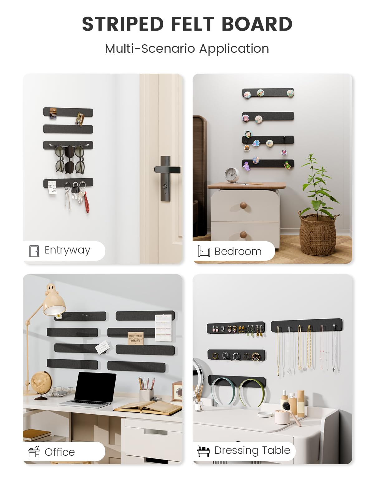 Fluxynara Cork Board Alternative Felt Strip Board 8-Pack 13"x2", Office Pin Board with 50 Push Pins, Adhesive Install for Bedroom Door & Home Office (Black)