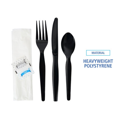 Boardwalk Six-Piece Cutlery Kit, Condiment/Fork/Knife/Napkin/Spoon, Heavyweight, Black, 250/Carton