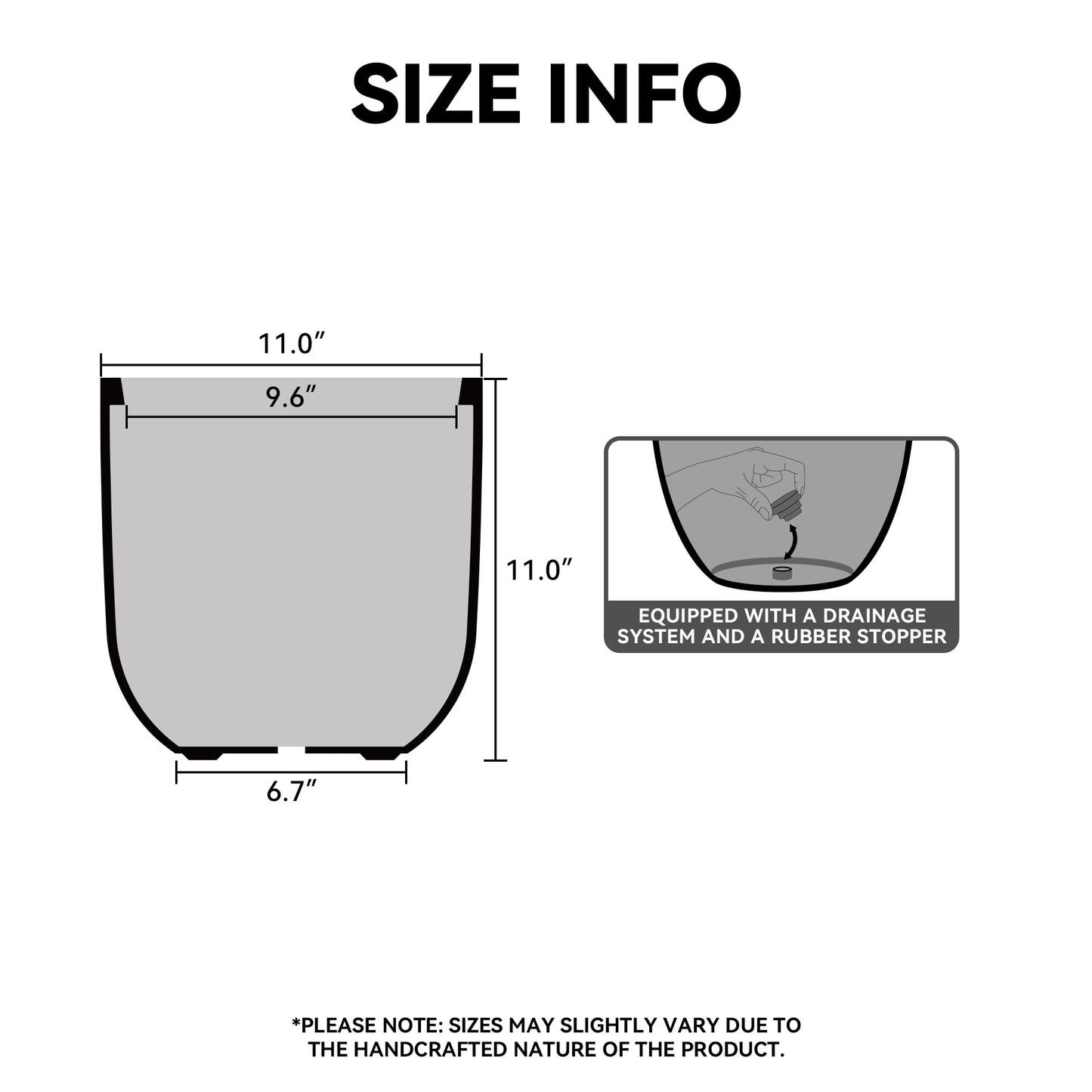 Kante 11.0" Round Concrete Planter, Large Cylinder Plant Pot with Curved Bottom and Drainage Hole, for Indoor and Outdoor Use – Garden or Patio, Black Finish with Painted Interior
