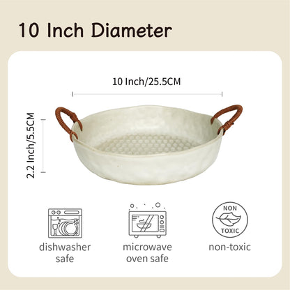 seicasaya 10" Ceramic Fruit Bowl with Woven Handles - Rustic Serving Dish with Speckled Glaze - Handcrafted Decorative Centerpiece Tray for Kitchen Counter (White, 10 Inch)
