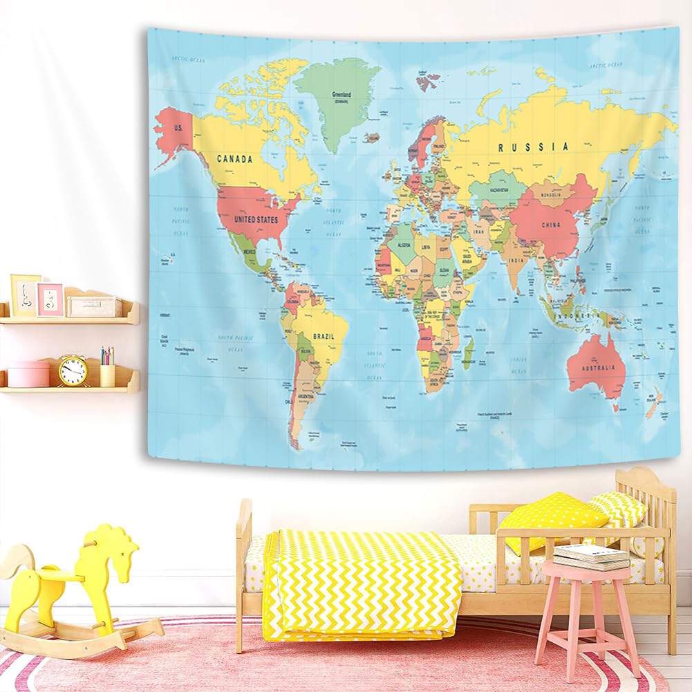 VeiVian World Map Tapestry, Asia Europe South City Topography America Africa Japan Poster Tapestries, Educational Kids Student Map of World Tapestry for Bedroom Living Room Home Office, 80X60in