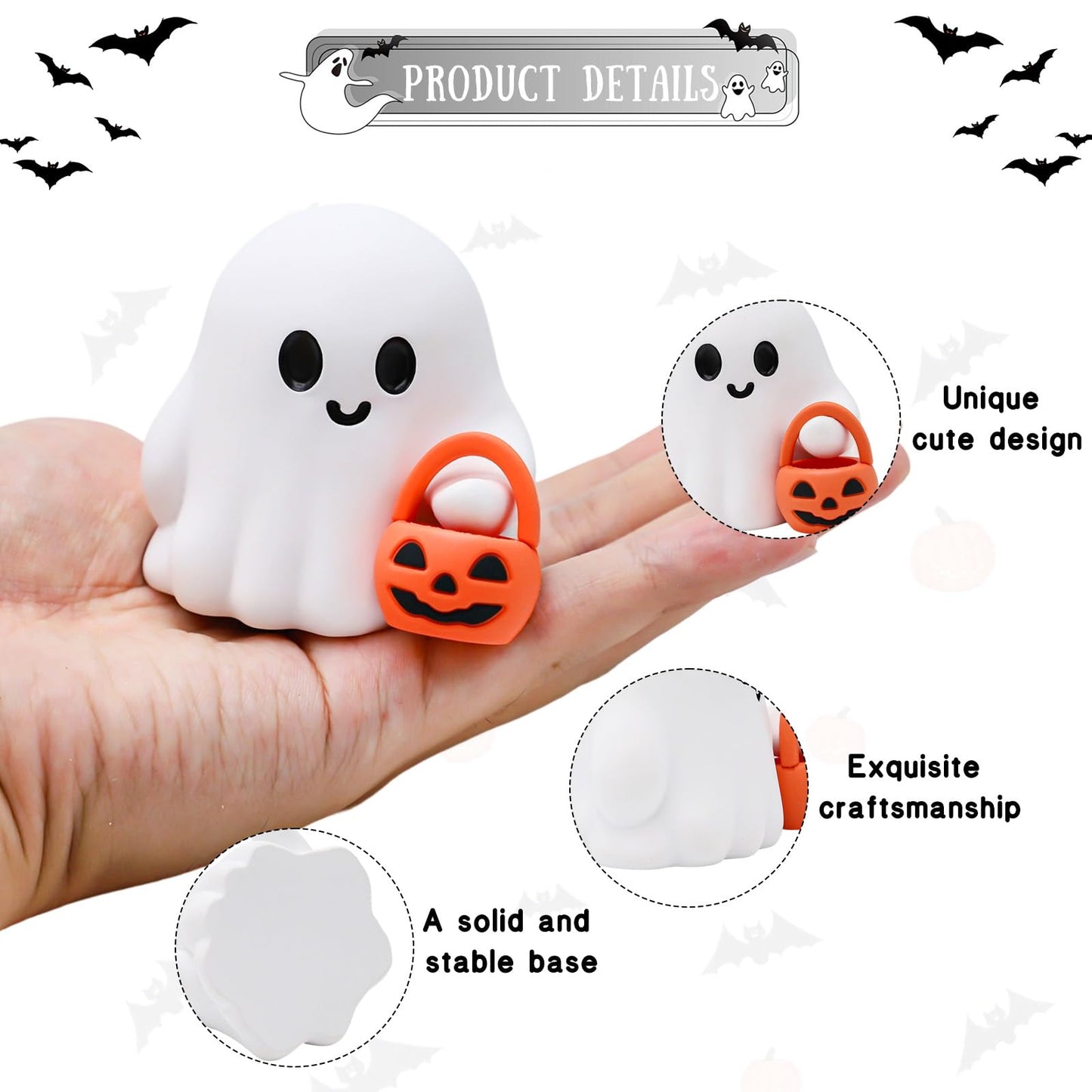 3 Pcs Halloween Ghost Figurine Ghost Resin Halloween Statue Cute Spooky Carrying Pumpkin Basket Designs Spooky Desk Display Ornament for Home and Office Tabletop Art Decoration